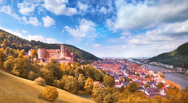 Ruiny zamku w Heidelbergu i widok z lotu ptaka na miasto Heidelberg — Zdjęcie stockowe