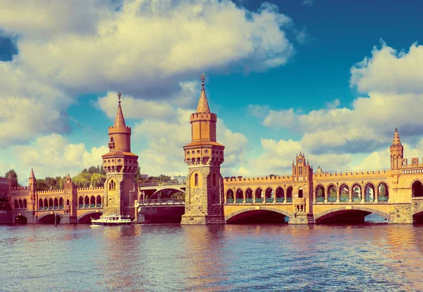 stock image Oberbaumbruecke in Berlin on a bright sunny day, toned image