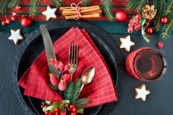 Christmas Menu Concept Dark Background Black Plates Vintage Cutlery Christmas — Stock Photo, Image