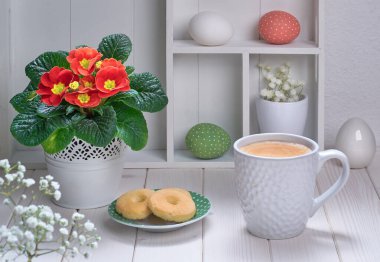 Kırmızı çuha çiçeği ve bahar süslemeleri ile beyaz ahşap masada bir fincan kahve ve kurabiye.