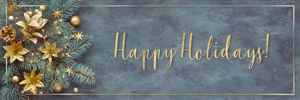 Gilded Text Happy Holidays Christmas New Year Panoramic Flat Lay — Stock Photo, Image