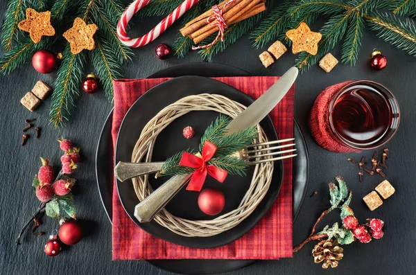 Christmas Menu Concept Dark Background Black Plates Vintage Cutlery Christmas — Stock Photo, Image