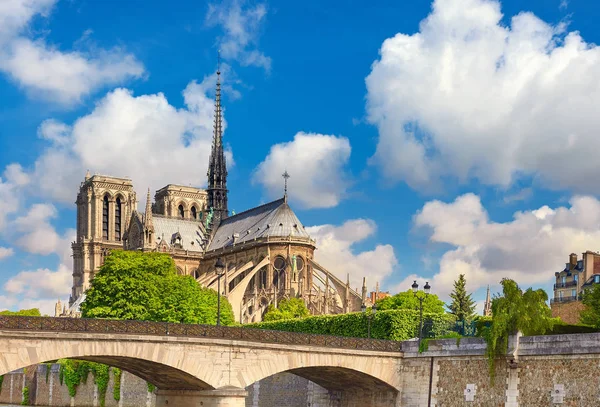 View of Notre Dame de Paris from Quai de la Tournelle from across the river on a bright day in Spring