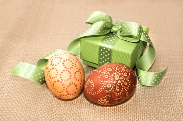 Zdobená Velikonoční Vajíčka Dárková Krabička Sáčku — Stock fotografie
