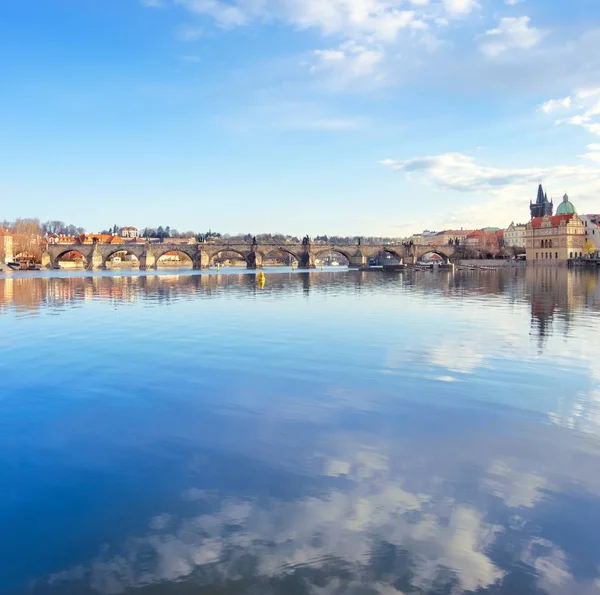 Prague Charles Bridge Reflected Vltava River Morning Space Your Text — Stock Photo, Image