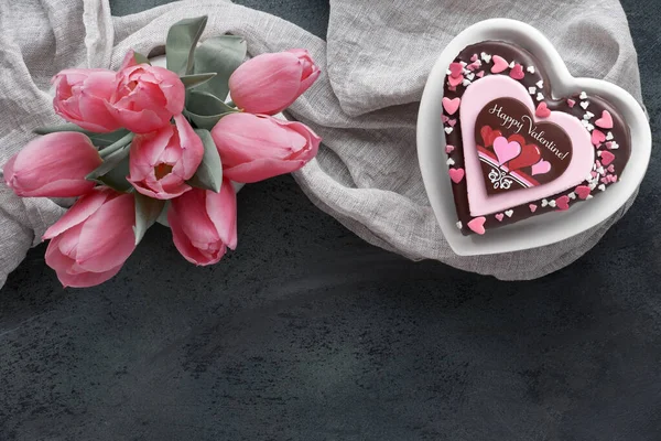 Gâteau Coeur Saint Valentin Avec Texte Happy Valentine Vue Dessus — Photo