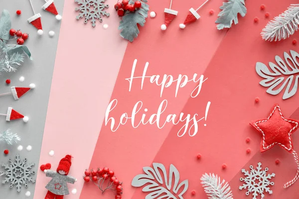 Happy Holidays Tekst Winter Plat Lag Met Frame Met Decoraties — Stockfoto