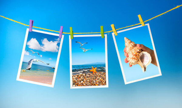 Фотографии моря и чайки висят на красочных колышках на синем фоне, коллаж
