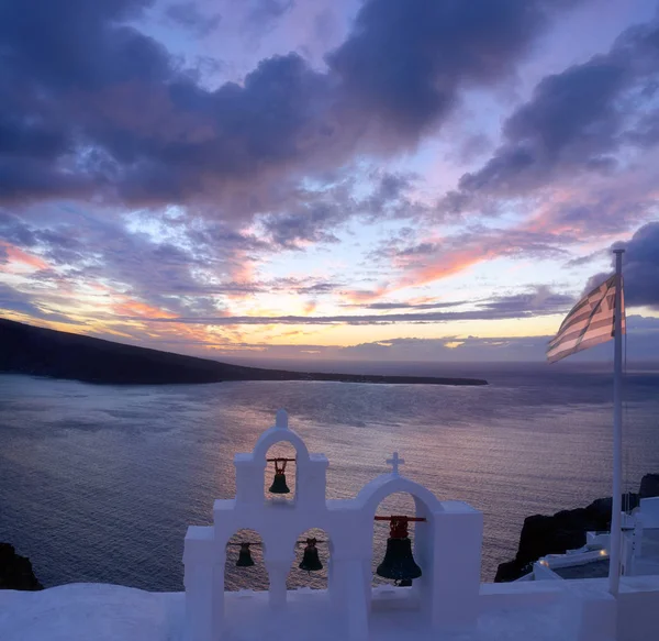 Griechische Fahne Einer Lokalen Kapelle Oia Dorf Insel Santorini Griechenland — Stockfoto