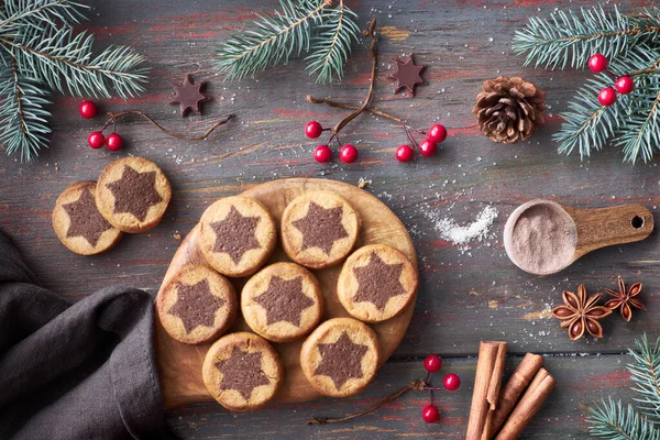 Biscoitos Natal Com Padrão Estrela Chocolate Com Estrelas Choco Canela — Fotografia de Stock