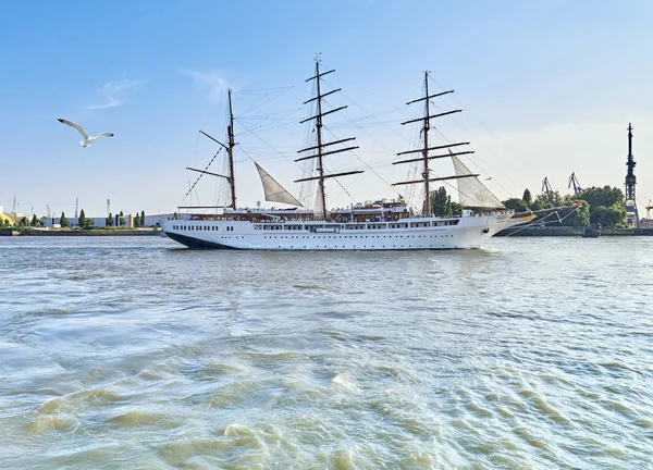 Historisches Dreimaster Segelschiff Verlässt Hamburger Hafen Einem Sonnigen Tag — Stockfoto