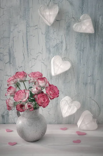 Valentines Day Still Life Blank Paper Card Pink Roses Garland — Stock Photo, Image