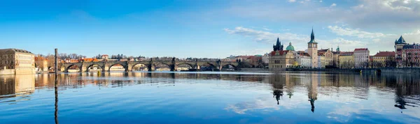 Prague Charles Bridge Reflected Vltava River Morning Panorama Image Your — Stock Photo, Image