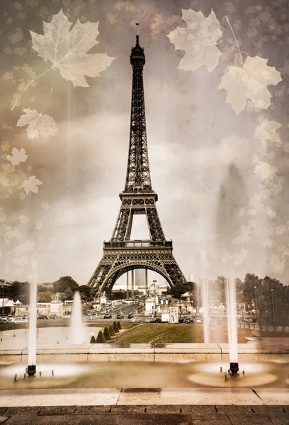 Aged Photo Eiffel Tower Paris Autumn Leaves Retro Style Vintage — Stock Photo, Image