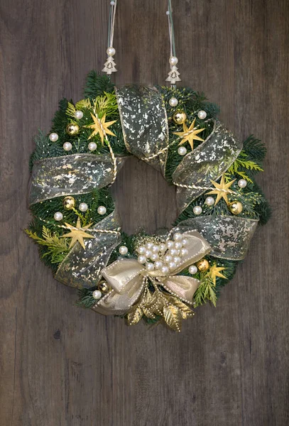 Christmas Wreath Withden Decorations Wooden Door — Stock Photo, Image