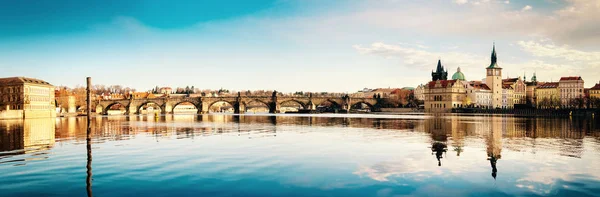 Prague Charles Bridge Reflected Vltava River Morning Panorama Image Your — Stock Photo, Image