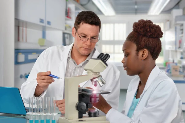 Scientists Senior Caucasian Male Young African Female Work Microscope Research — Stock Photo, Image