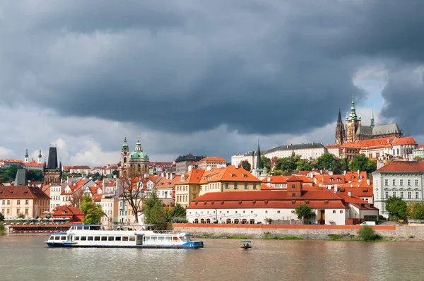 View Prague Castle Vltava River Early Autumn Sunlit Old Roofs — Stock Photo, Image