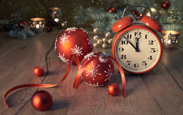 Vintage Alarm Clock Wooden Table Christmas Decorations Text Space Image — Stock Photo, Image
