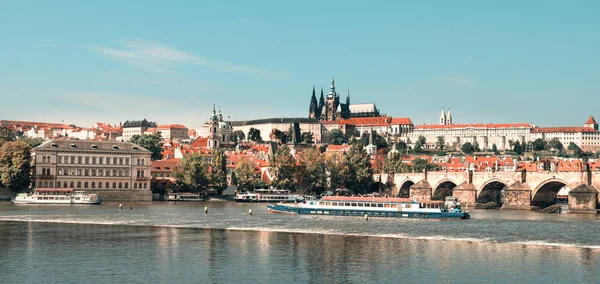 Prague Castle Charles Bridge Passenger Ships Vltava River Toned Image — Stock Photo, Image