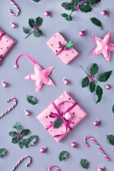 Festive Toned Two Tone Christmas Background Pink Gift Boxes Stripy — Stock Photo, Image