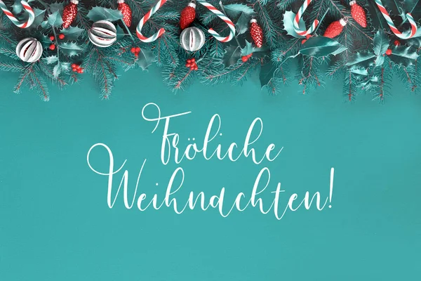 Text Frohliche Weihnachten Bedeutet Auf Deutsch Frohe Weihnachten Weihnachtsflach Lag — Stockfoto