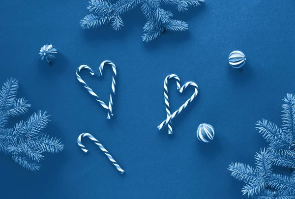 Festive Monochrome Blue Color Christmas Background Flat Lay Fir Twigs — Stock Photo, Image