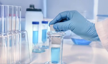 Bilimsel ya da tıbbi geçmiş. Kanser teşhisi: Histopatoloji, sitoloji ve tümör işaretleyicilerinin analizi. Doku örneklerinde tarihsel lekelenme. Eldivenli eller, doku örnekleriyle birlikte histolojik boyama için bir sürgülü cam tutuyor..