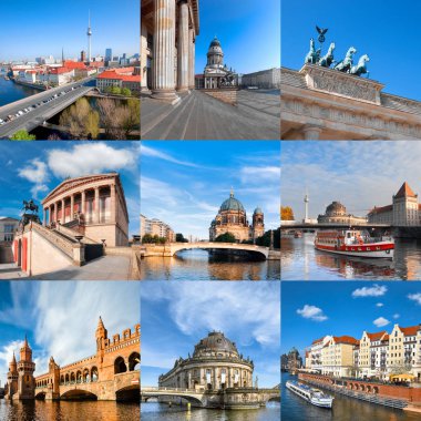 Güzel Berlin: Brandenburg kapısı, Oberbauembrucke, Alexanderplatz, Berlin Katedrali, Jandarma Markt ve diğerleri olmak üzere dokuz resimden oluşan bir set..