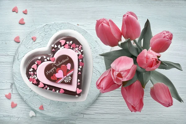 Valentine Heart Cake Chocolate Sugar Decorations Text Happy Valeitine Bunch — Stock Photo, Image
