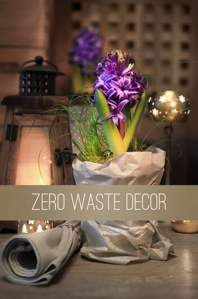 Delicate Purple Hyacinth Vintage Kitchen Lit Candles Text Zero Waste — Stock Photo, Image