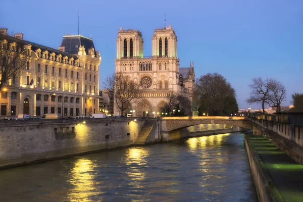Oświetlony Katedra Notre Dame Paris Sekwany Nocy Skupić Się Okrągłe — Zdjęcie stockowe