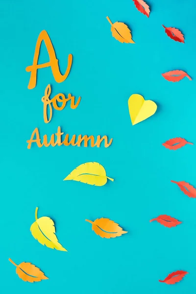 Paper Craft Red Yellow Autumn Leaves Flat Lay Turquoise Paper — 스톡 사진