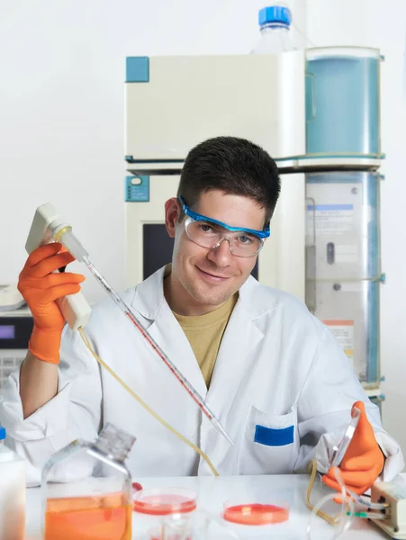 Young Energetic Male Scientist Working Cultured Cells Smiles Camera Shallow — 스톡 사진