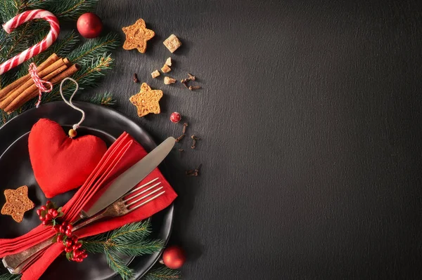 Christmas Menu Concept Dark Stone Slate Background Black Plates Vintage — Stock Photo, Image