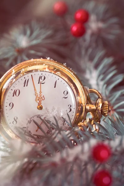 Close Antique Pocket Watch Showing Five Twelve Fir Twigs Red — Stock Photo, Image