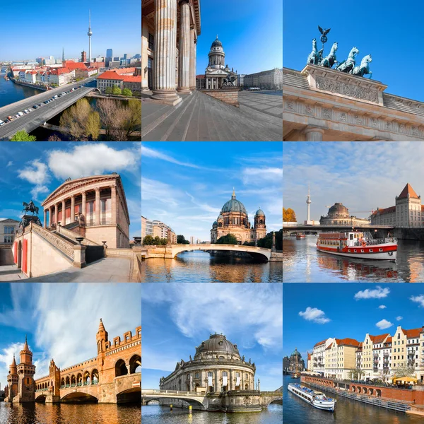 Güzel Berlin: Brandenburg kapısı, Oberbauembrucke, Alexanderplatz, Berlin Katedrali, Jandarma Markt ve diğerleri olmak üzere dokuz resimden oluşan bir set..