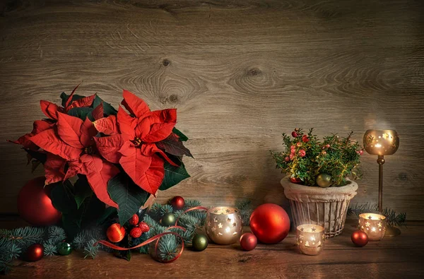 Natura Morta Natale Con Poinsettia Gaultheria Decorazioni Tavola Legno Buon — Foto Stock