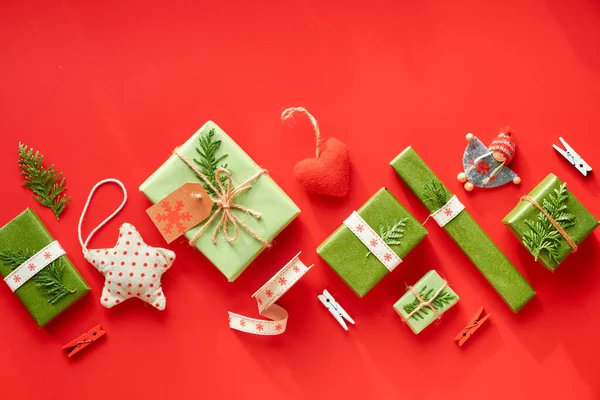 Red Green Xmas Background Eco Zero Waste Christmas New Year — Stock Photo, Image