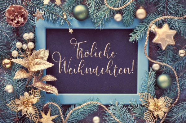 Tekst Frohliche Weihnachten Języku Niemieckim Oznacza Wesołych Świąt Zielone Złote — Zdjęcie stockowe