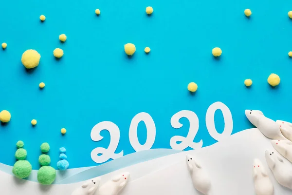 Feliz Año Nuevo 2020 Papel Creativo Plano Yacía Azul Blanco —  Fotos de Stock