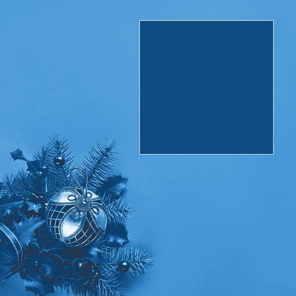 Festive Monochrome Fond Noël Couleur Bleue Composition Carrée Avec Espace — Photo