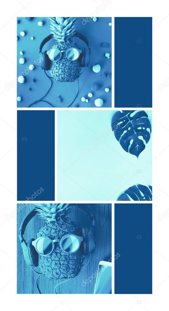 Classic blue monochrome collage with Funny pineapple in sunglasses and earphones. Flat lay on paper background with fluffy balls and mobile phone. Paper craft, exotic monstera leaves.