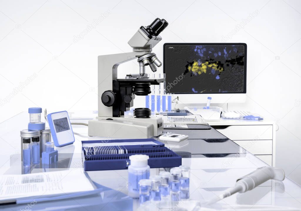 Microscopic work station, scientific background in lilac and white hues