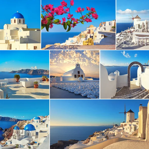 Set van acht beelden met oriëntatiepunten en uitzicht op de beroemde Oia villa — Stockfoto