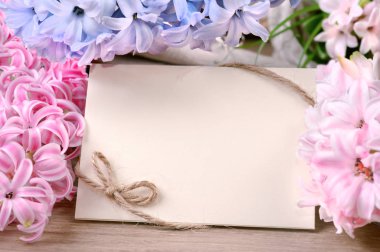 Bahar çerçevesi sümbül çiçekleri, metin boşluğu ile çevrili