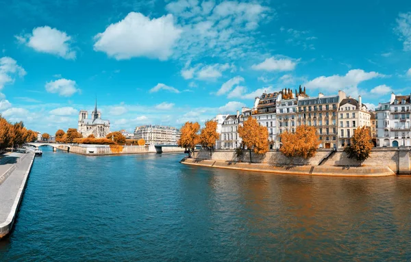Paris, panorama over river Seine with Notre-Dame cathedral in Fa — Stockfoto