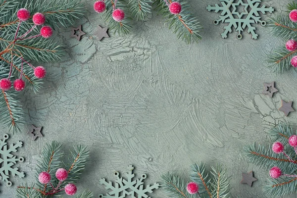 Vánoční rámeček s jedlovými větvičkami, ojíněnými bobulemi, hvězdami a sněhem — Stock fotografie