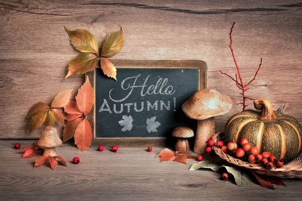 Chalkboard "Olá Outono" com decorações sazonais — Fotografia de Stock