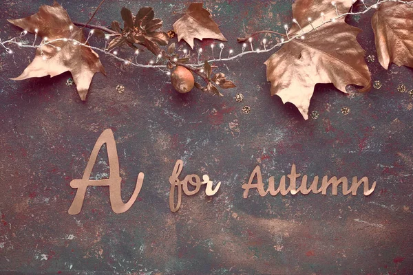 Autumn, creative panoramic flat lay. Top view of dry sycamore leaves painted golden, festive light garland on dark brown textured background. Text "A or Autumn" in gilded joined Italic script. — 스톡 사진
